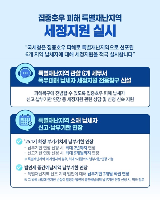 집중호우 피해 특별재난지역에 대한 세정지원 실시