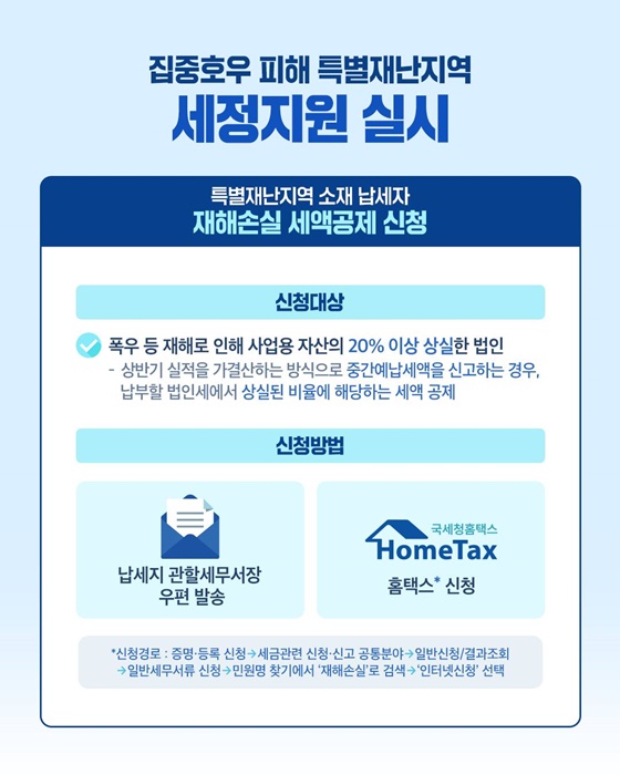 집중호우 피해 특별재난지역에 대한 세정지원 실시