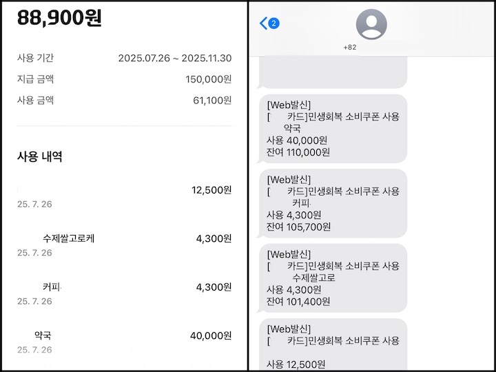 (좌) 카드사 앱에서 확인 가능한 소비쿠폰 사용 내역 및 잔액. (우) 카드로 결제한 후 문자로 받은 소비쿠폰 사용 내역