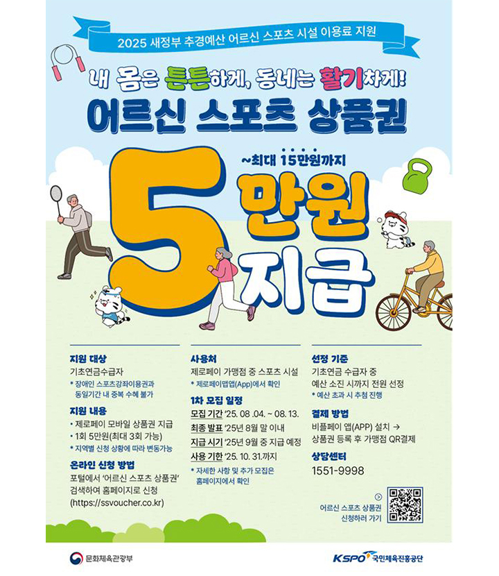 2025년 새정부 추경예산 어르신 스포츠 시설 이용료 지원 내 몸은 튼튼하게 동네는 활기차게 어르신 스포츠 상품권 5만원부터 최대 15만원까지 지급 (지원대상) 기초연금 수급자 장애인 스포츠강좌이용권과 동일기간 내 중복 수혜 불가 (지원내용) 제로페이 모바일 상품권 지급 1회 5만원 최대 3회 가능 지역별 신청 상황에 따라 변동 가능 (온라인 신청 방법) 포털에서 어르신 스포츠 상품권 검색하여 홈페이지로 신청 https://ssvoucher.co.kr (사용처) 제로페이 가맹점 중 스포츠 시설 제로페이 앱app에서 확인 (1차 모집 일정) - 모집기간 : 2025년 8월 4일부터 8월 13일 - 최종발표 : 2025년 8월 말 이내 - 지급시기 : 2025년 9월 중 지급 예정 - 사용기한 : 2025년 10월 31일까지 자세한 사항 및 추가 모집은 홈페이지에서 확인 (선정기준) 기초연금 수급자 중 예산 소진 시까지 전원 선정 예산 초과 시 추첨 진행 (결제방법) 비플페이 앱app 설치 → 상품권 등록 후 가맹점 QR 결제 (상담센터) 1551-9998 어르신 스포츠 상품권 신청하러 가기 QR코드 문화체육관광부 국민체육진흥공단  