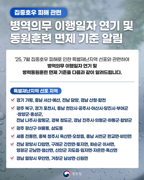 집중호우 피해 관련 병역의무 이행일자 연기 및 동원훈련 면제 기준 알림