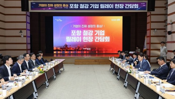 정부는 14일 포항시청에서 지역 철강기업 6곳과 경상북도, 포항시 등이 참여한 '포항 철강기업 릴레이 현장 간담회'를 진행하고 있다.(사진=포항시 제공)