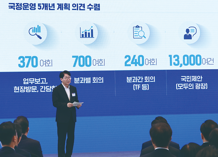 이한주 국정기획위원회 위원장이 8월 13일 청와대 영빈관에서 열린 국정기획위원회 국민보고대회에서 이재명정부 출범 의미를 발표하고 있다. 사진 대통령실통신사진기자단