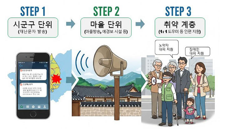 3중 재난정보 전달 체계 (자세한 내용은 본문에 설명 있음)