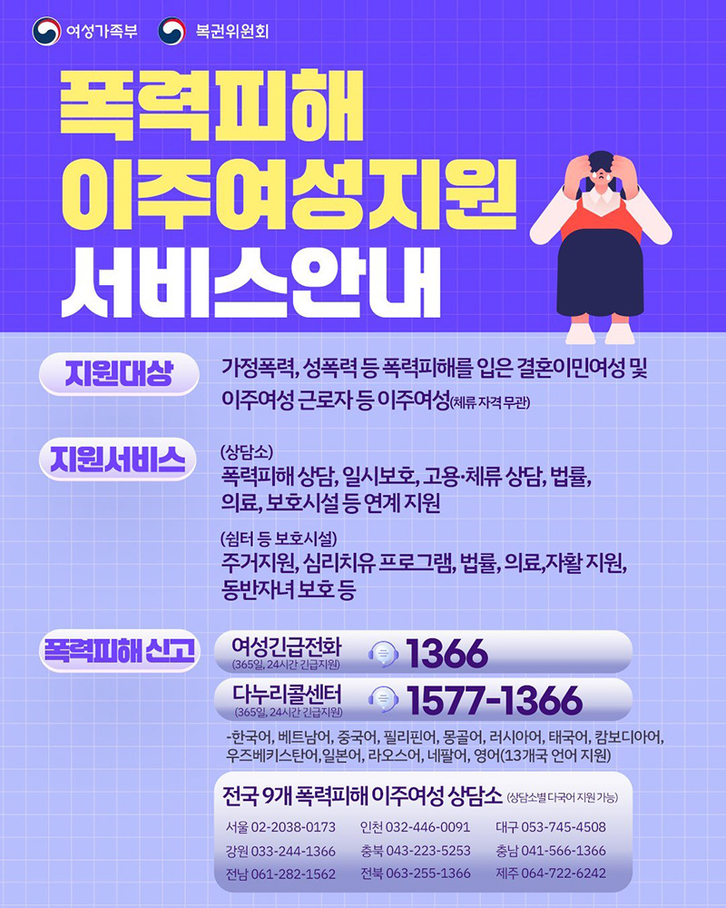 폭력피해 이주여성지원 서비스 안내 하단내용 참조