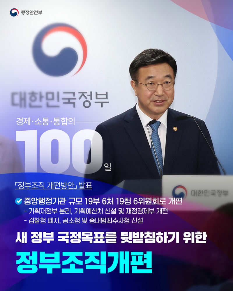 새 정부 국정목표를 뒷받침하기 위한 정부조직개편 하단내용 참조