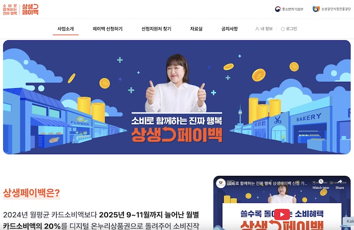 상생페이백 누리집 메인 화면. 누리집에서 간단한 본인인증 후 몇 가지 정보를 입력하면 신청할 수 있다.