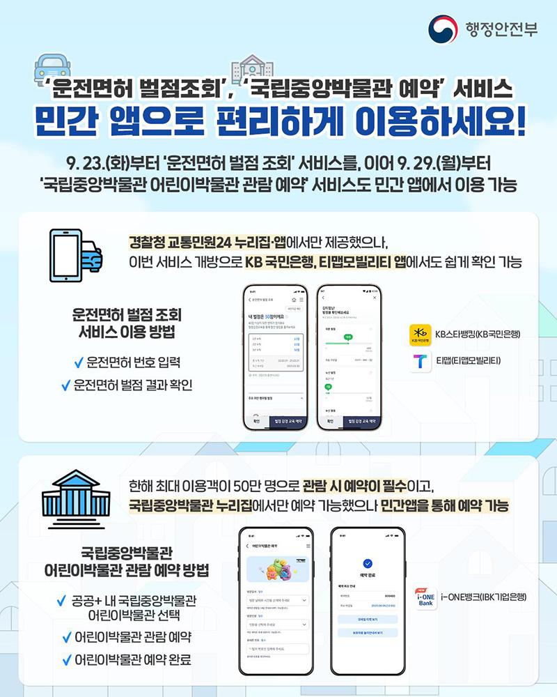 '운전면허 벌점조회','국립중앙박물관 예약' 서비스 민간 앱으로 편리하게 하단내용 참조