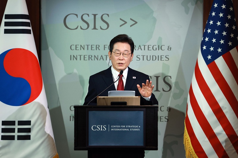 이재명 대통령이 25일(현지시간) 미국 워싱턴DC 전략국제문제연구소(CSIS)에서 정책 연설을 하고 있다. 2025.8.26(사진=저작권자(c) 연합뉴스, 무단 전재-재배포 금지)