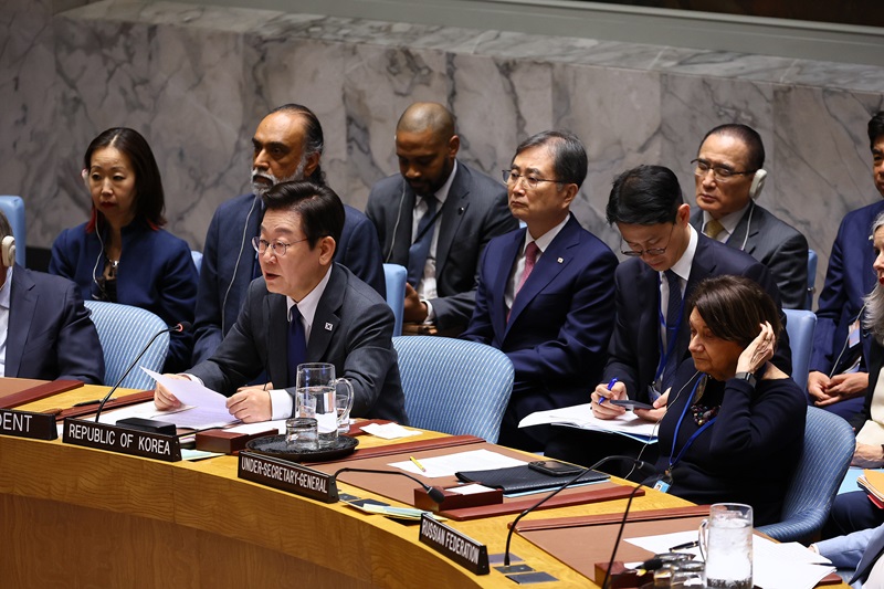 이재명 대통령이 24일(현지시간) 미국 뉴욕 유엔본부에서 안보리 공개 토의를 주재하고 있다. 2025.9.25 (사진=저작권자(c) 연합뉴스, 무단 전재-재배포 금지)