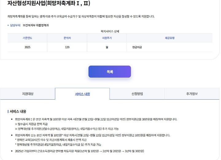 복지로에서 자산형성사업에 관한 자세한 정보를 확인할 수 있었다. 올해 희망저축계좌 2유형의 정부 지원금이 확대되어서인지 2차 모집만으로 예산이 모두 소진됐다. (출처=복지로 누리집)