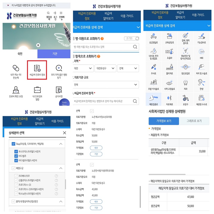건강보험심사평가원 누리집에서 비급여에 대한 정보를 검색하는 방법.