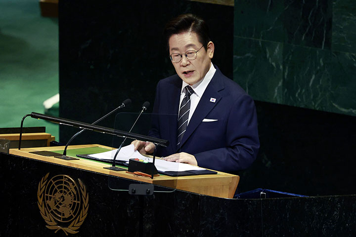 이재명 대통령이 지난달 23일(현지시간) 미국 뉴욕 유엔본부 총회장에서 기조연설을 하고 있다.(사진=저작권자(c) 연합뉴스, 무단 전재-재배포 금지)