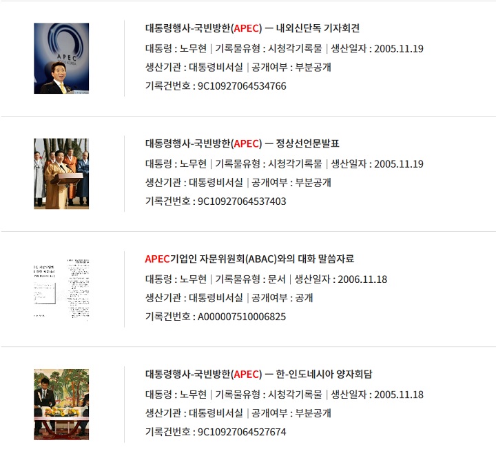 대통령기록관 기록물검색을 통해 살펴본 2005 부산APEC 자료.