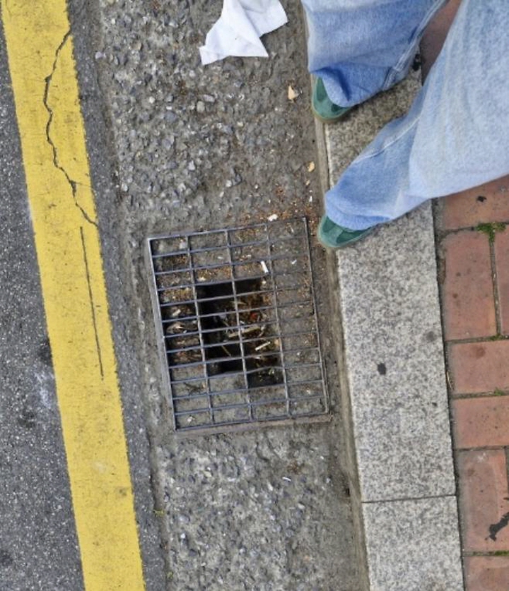 동네 빗물받이가 쓰레기로 꽉 막혀있어 여름철 홍수 피해가 우려된다.