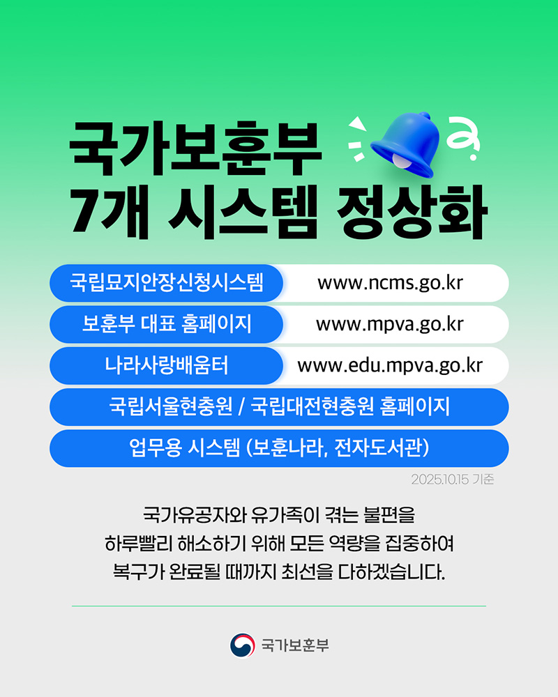국가보훈부 7개 시스템 정상화 하단내용 참조