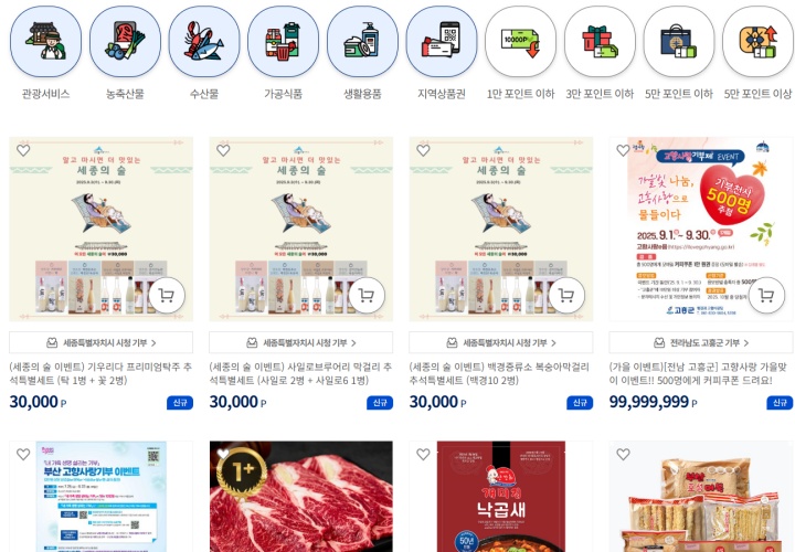 다양한 지자체의 특산물, 관광 서비스 등 답례품을 선택할 수 있는 모습. (출처=고향사랑e음)