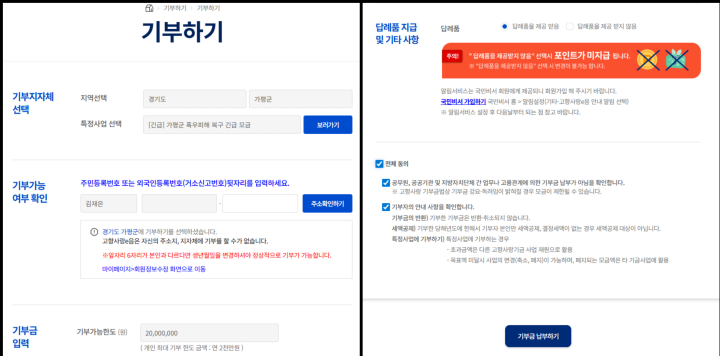 지정기부를 통해서 기부를 진행하는 화면의 모습. (출처 = 고향사랑e음)