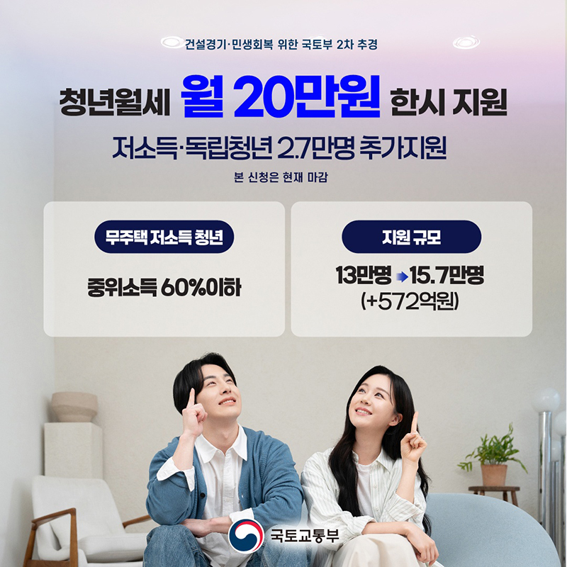 주거경기 민생회복을 위한 청년월세 월 20만원 지원합니다. 하단내용 참조