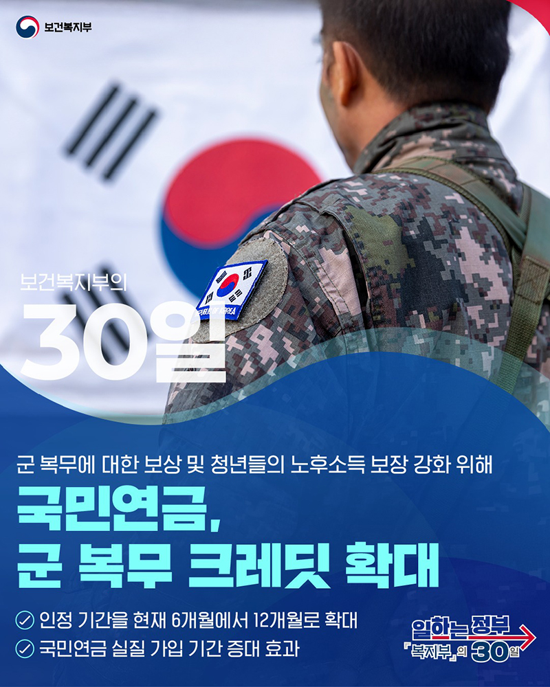 일하는 정부 '복지부'의 30일 국민연금, 군 복무 크레딧 확대 하단내용 참조