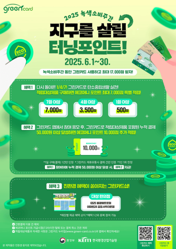 그린카드로 적립 대상 제품 구매 시, 에코머니 포인트를 적립하는 이벤트 (출처 = 그린카드 누리집)