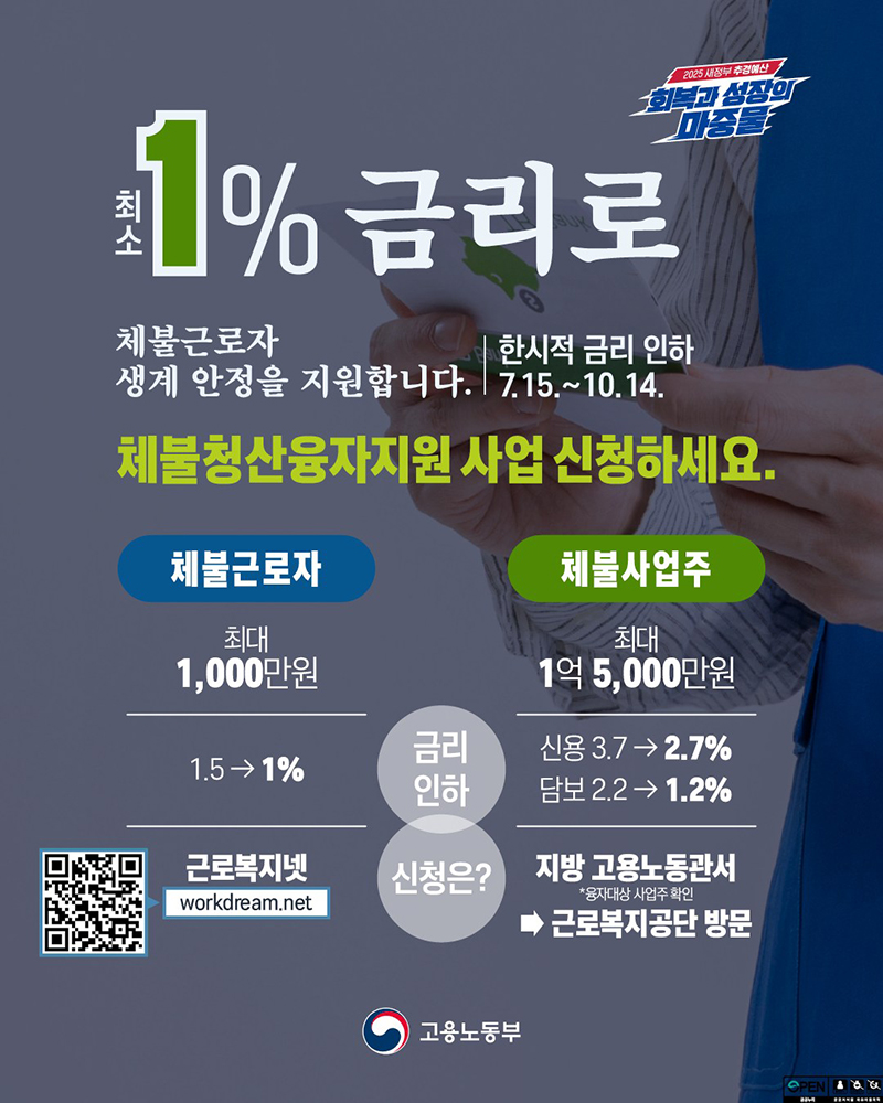 2025년 새정부 추경예산 체불근로자 생계 안정 지원→ 최소 1% 금리로 한시적 금리 인하  하단내용 참조