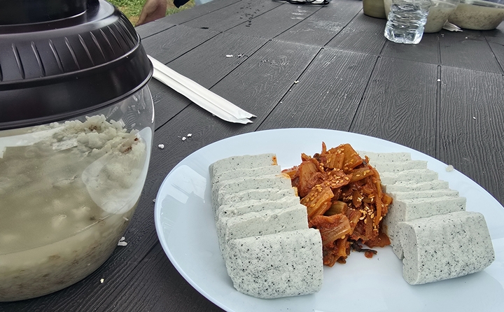 참가자들이 빚은 막걸리와 안주로 제공된 수제 두부와 김치 볶음.