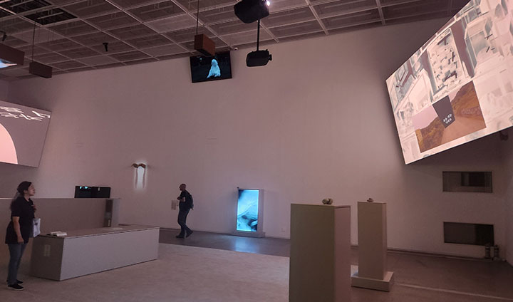 임영주 작가의 전시실 모습이다. '고(故) 더 레이트(The Late)' 등 영상 연작과 책, 입체 조형, 웹사이트, 퍼포먼스 등으로 미신과 과학기술이 혼재하는 사회의 모습을 담았다.