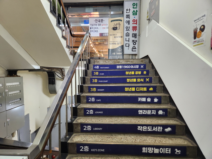 경동시장청년몰이 있는 건물에 희망놀이터, 작은도서관, 앤라운지 등이 입주해 있어서 누구든 편안하게 휴식을 취할 수 있다.