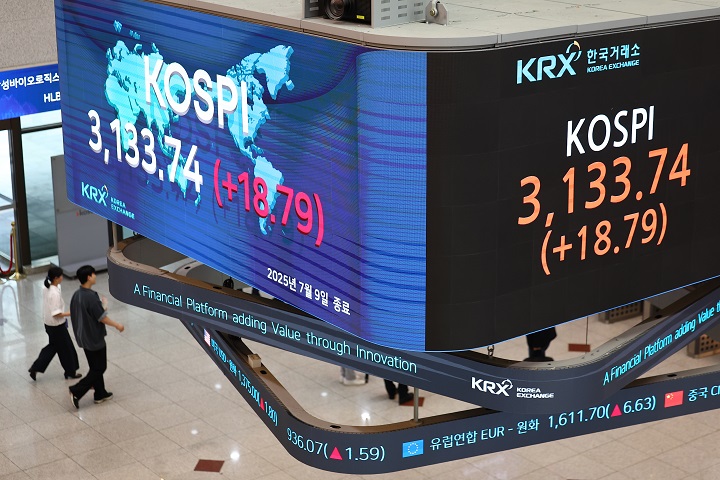 9일 서울 여의도 한국거래소 현황판에 코스피가 표시돼 있다. 2025.7.9(저작권자(c) 연합뉴스, 무단 전재-재배포 금지)