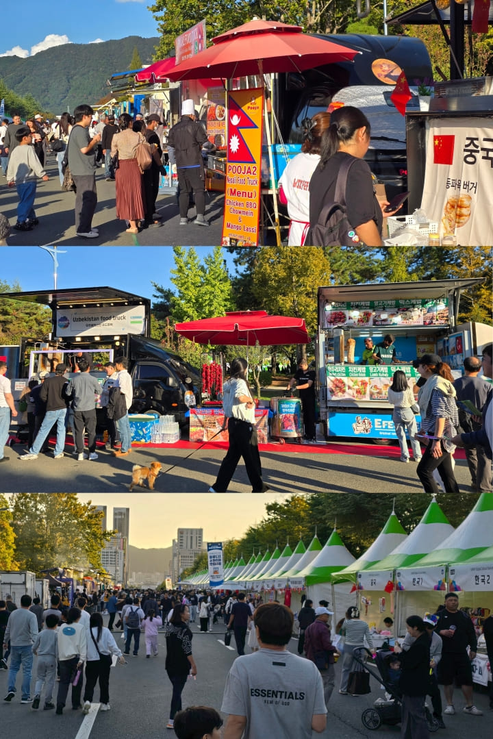 창원 중앙대로를 따라 길게 늘어선 각국 푸드트럭과 플리마켓 부스.