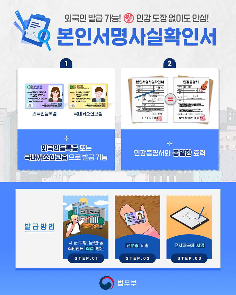 외국인 발급 가능! 인감 도장 없이도 안심! 본인서명사실확인서 하단내용 참조
