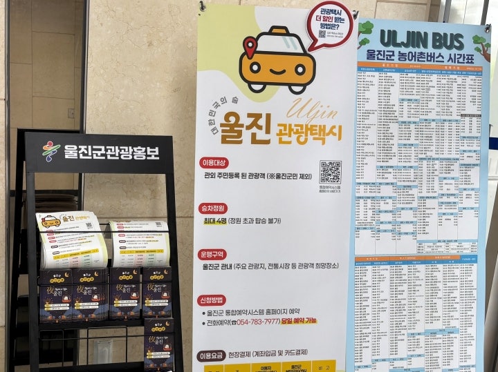 후포역에 비치된 관광 안내 책자와 대중교통 시간표.