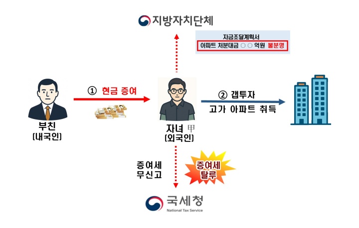(사례1)  외국인 자녀가 부친으로부터 현금 증여받아고가 아파트 갭투자하고 증여세 탈루 (국세청 제공)