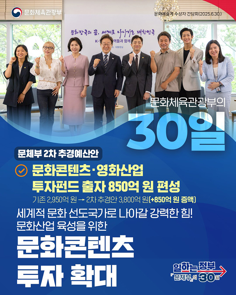 [일하는 정부, 문체부의 30일] 문화콘텐츠&middot;영화산업 투자펀드 출자 850억 원 편성 하단내용 참조