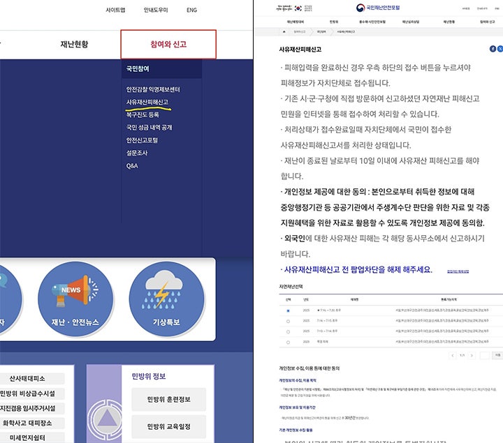(좌) 사유재산피해 신고 항목.  (우) 자연 재난 선택 항목.