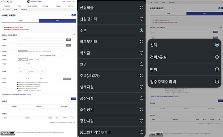 (좌부터 순서대로) 피해 정보 입력. 피해 종류 입력. 세부 피해 종류 입력.