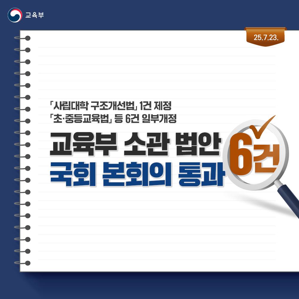 교육부 소관 법률 6건, 국회 본회의 통과!