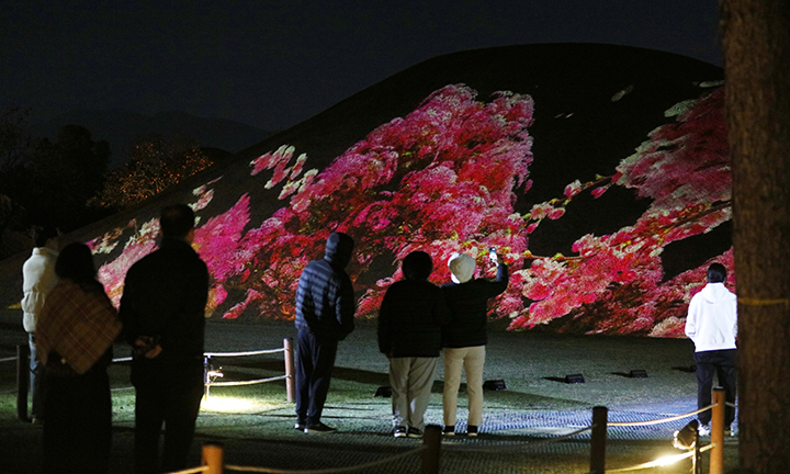 28일 경북 경주시 대릉원에서 APEC을 맞아 2025 국가유산 미디어아트 '몽화'가 전시되어 관람객들의 시선을 사로잡고 있다. 2025.10.28(사진=저작권자(c) 연합뉴스, 무단 전재-재배포 금지)