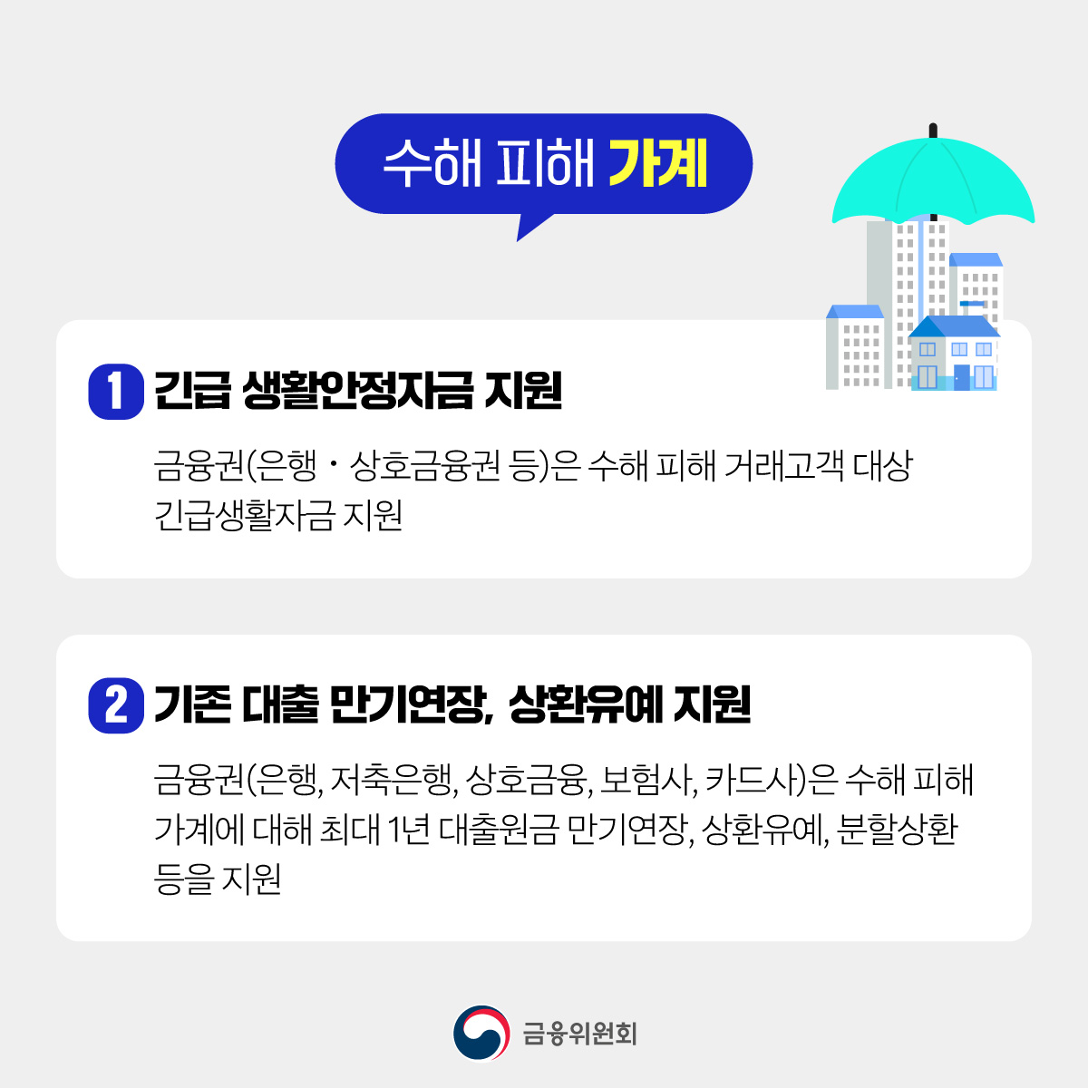 수해 피해 가계·중소기업을 위한 금융지원방안을 마련하였습니다.