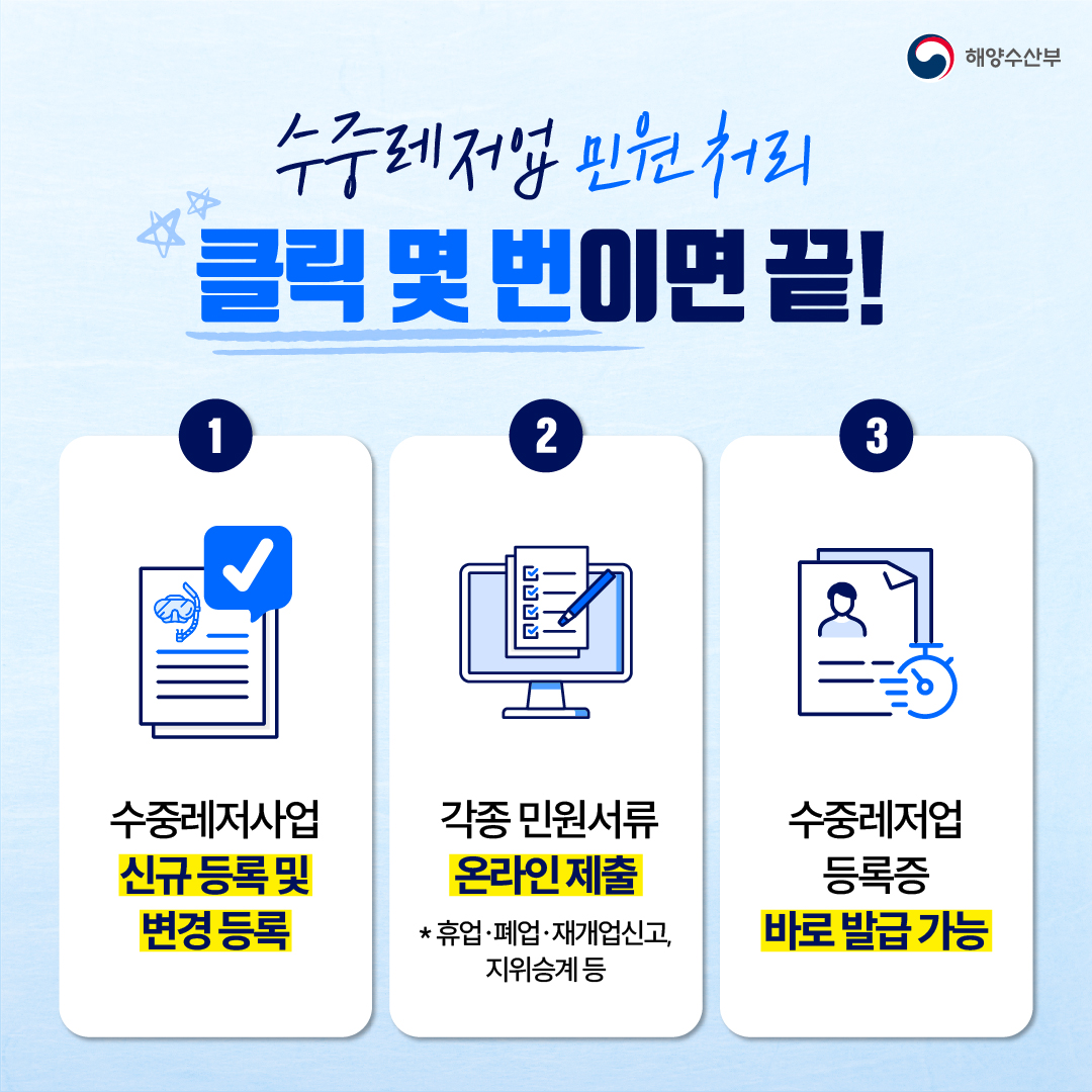 수중레저업 등록·안전점검 이제 온라인으로 간편하게 처리