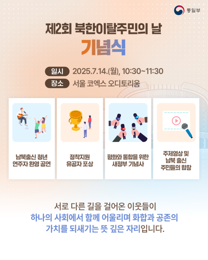 7월 14일 코엑스 오디토리움에서 진행된 제2회 북한이탈주민의 날 기념식 안내. (출처=통일부)