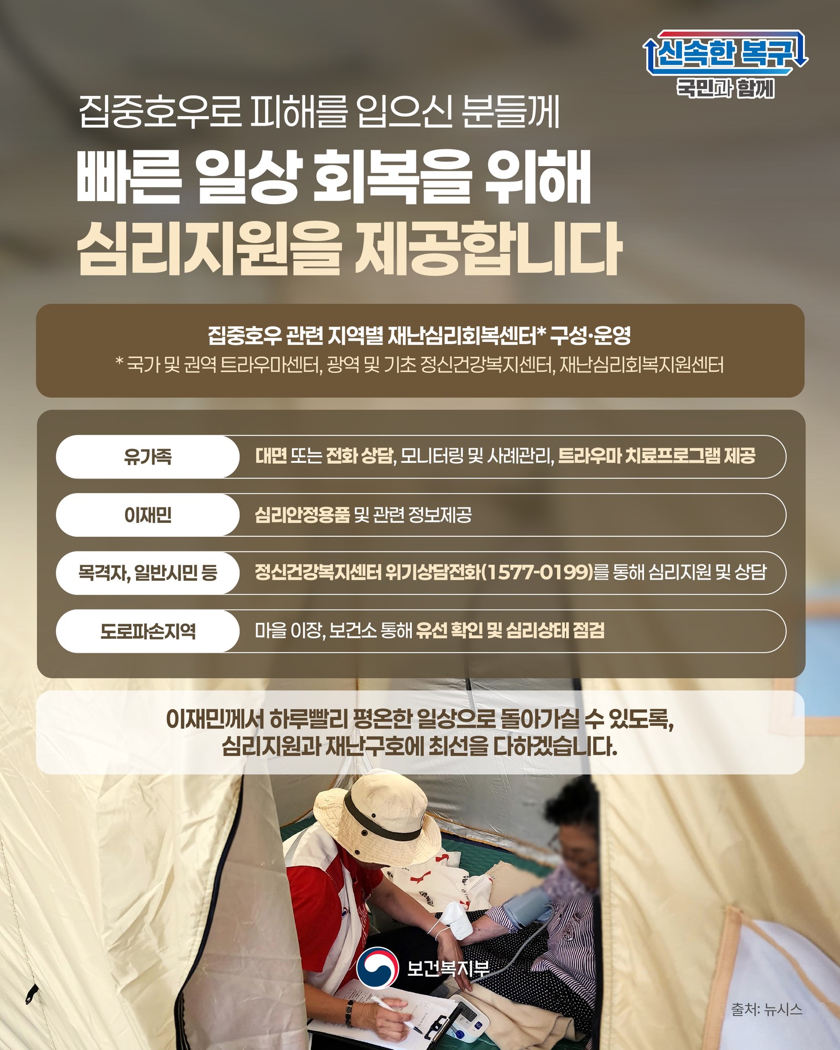 집중호우로 피해를 입으신 분들께 빠른 일상 회복을 위해 심리지원을 제공