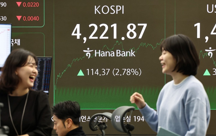 코스피가 장중 4200선을 돌파하는 등 사상 최고치를 경신한 3일 서울 중구 하나은행 본점 딜링룸 전광판에 종가가 표시되고 있다.(ⓒ뉴스1, 무단 전재-재배포 금지)