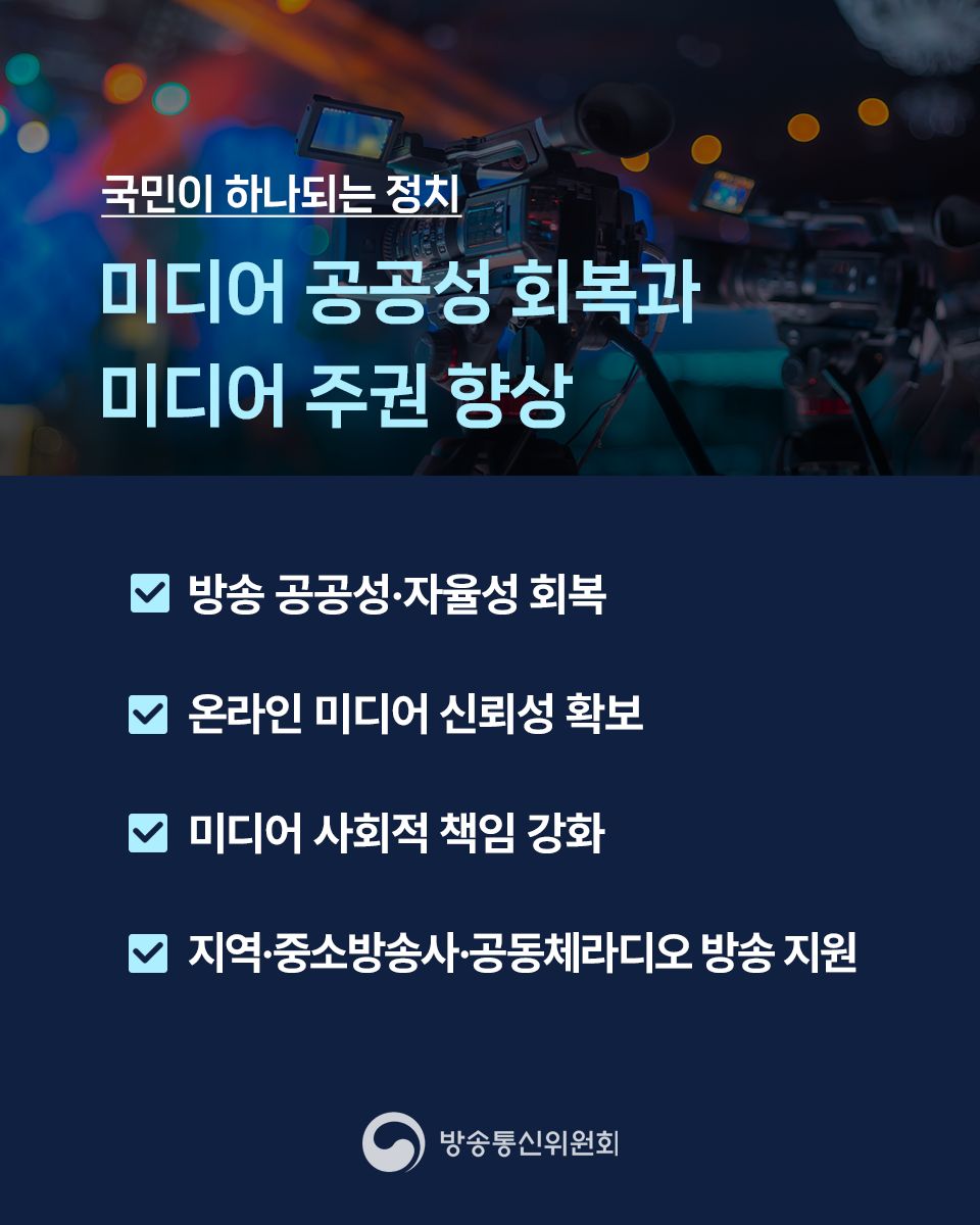 국무회의에서 ‘미디어 공공성 회복과 미디어 주권 향상(7번)’, ‘미래지향적 디지털‧미디어 생태계 구축(108번)’이 포함된 ‘123대 국정과제’가 의결