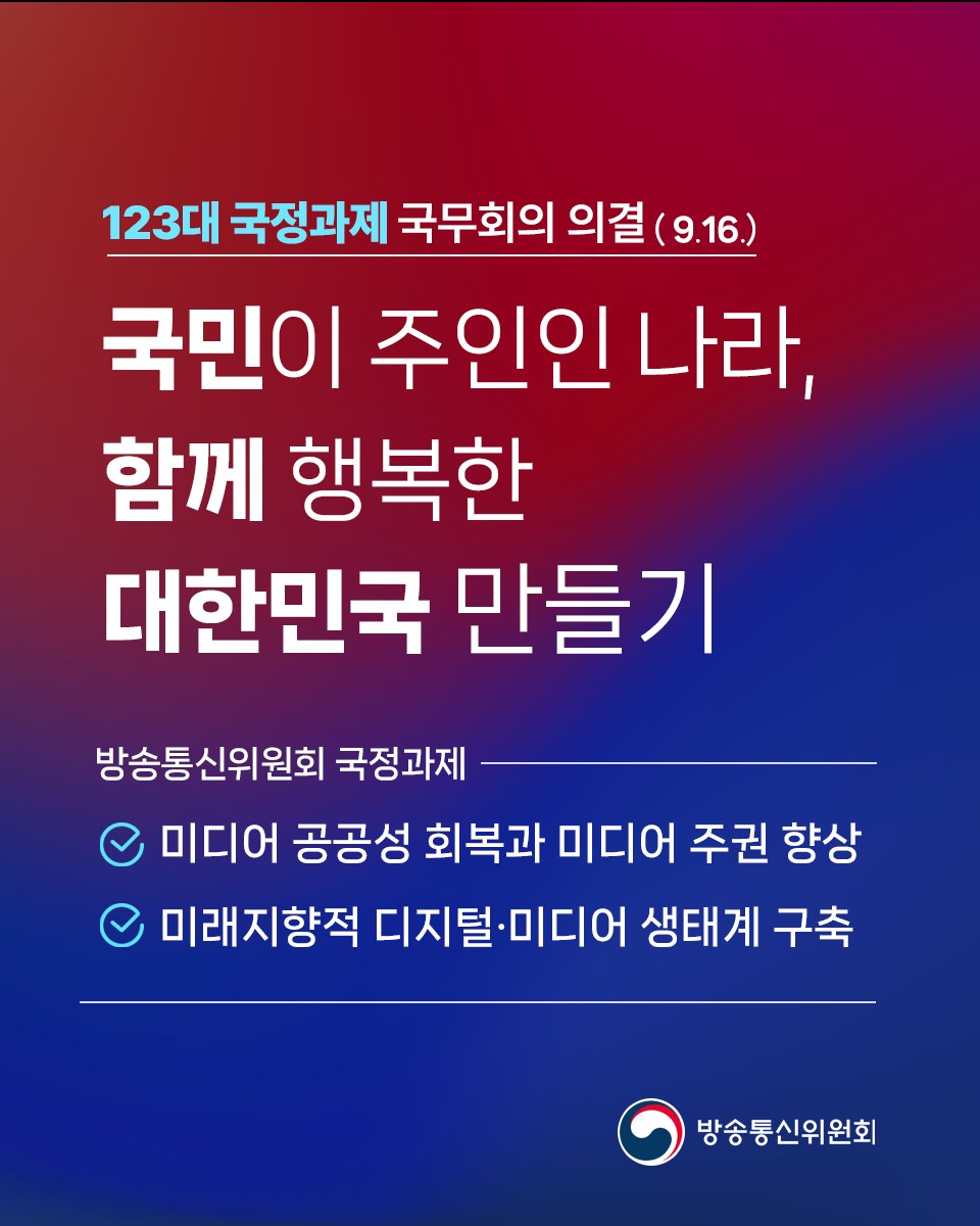 국무회의에서 ‘미디어 공공성 회복과 미디어 주권 향상(7번)’, ‘미래지향적 디지털‧미디어 생태계 구축(108번)’이 포함된 ‘123대 국정과제’가 의결