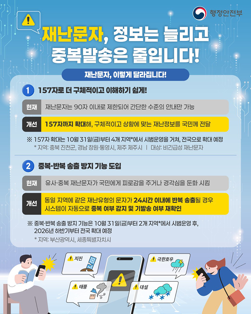 재난문자, 정보는 늘리고 중복발송은 줄입니다! 하단내용 참조