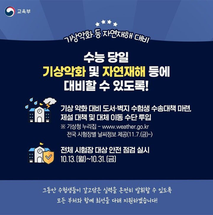 수험생과 학부모는 11월 7일부터 기상청 누리집에 방문하여 전국 시험장 날씨를 확인할 수 있다.