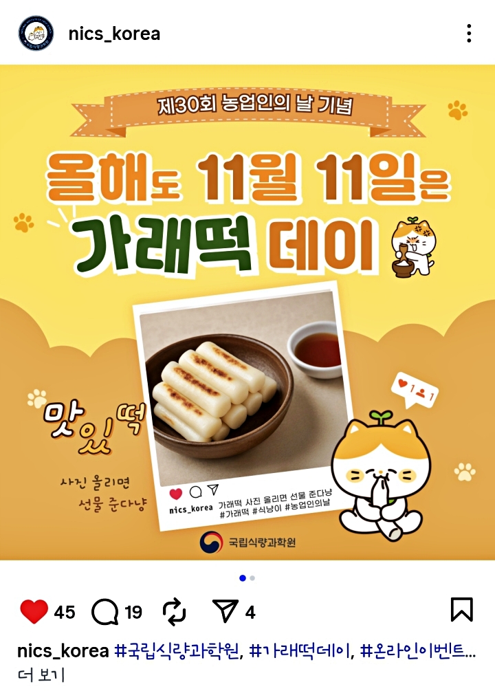 '올해도 11월 11일은 가래떡데이' 국민 참여로 이어지는 쌀 소비 촉진 캠페인.