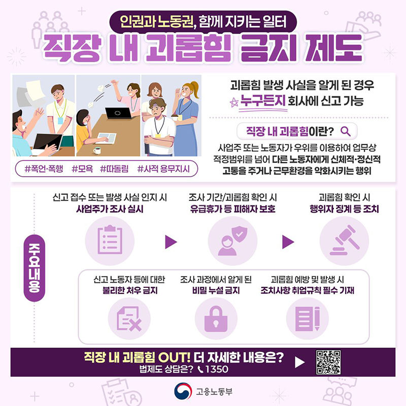 인권·노동권, 함께 지키는 일터 '직장 내 괴롭힘 금지 제도' 하단내용 참조